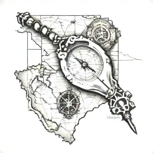 praying hands wrapped in rosary overlayed on Colorado and Oklahoma map. compass at the bottom tattoo design idea