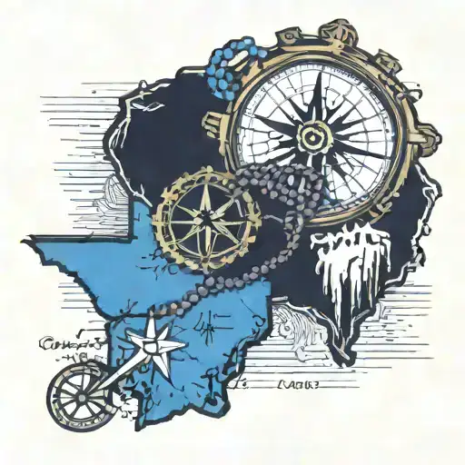 praying hands wrapped in rosary overlayed a map of Colorado and Oklahoma and Texas. compass at the bottom. tattoo design idea