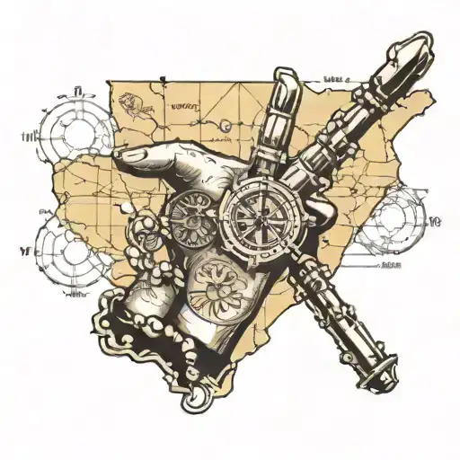 praying hands wrapped in rosary overplayed a map of Oklahoma and Colorado. compass at the bottom tattoo design idea