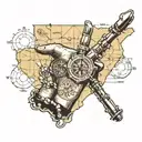 praying hands wrapped in rosary overplayed a map of Oklahoma and Colorado. compass at the bottom tattoo design idea