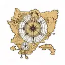 praying hands wrapped in rosary overplayed a map of Oklahoma and Colorado. compass at the bottom tattoo design idea