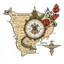 praying hands wrapped in rosary overplayed a map of Oklahoma and Colorado. compass at the bottom tattoo design idea