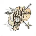 praying hands wrapped in rosary overplayed a map of Oklahoma and Colorado. compass at the bottom tattoo design idea