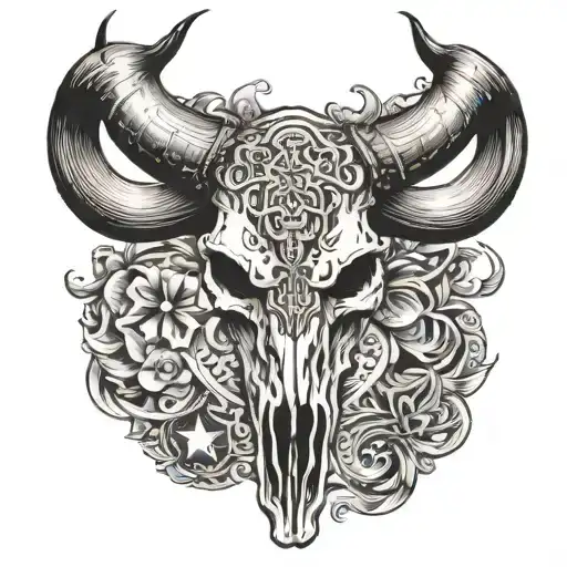 longhorn bull skull with cross M4 guns in the back tattoo design idea