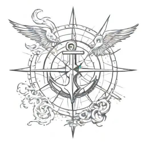 against the background of the wind rose is depicted an anchor that has broken and a flock of seagulls is flying out of it tattoo design idea