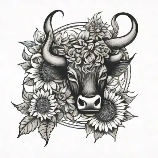bull horn sun flowers tattoo design idea