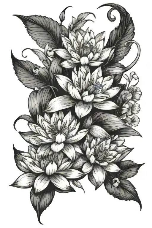 [ Water Lily near the ankle ]         | [ Stalks of Larkspur winding up ]         | [ Fantail bird with fanned tail ]    tattoo design idea
