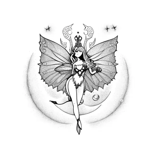 fairy on the crescent moon with animal tattoo design idea