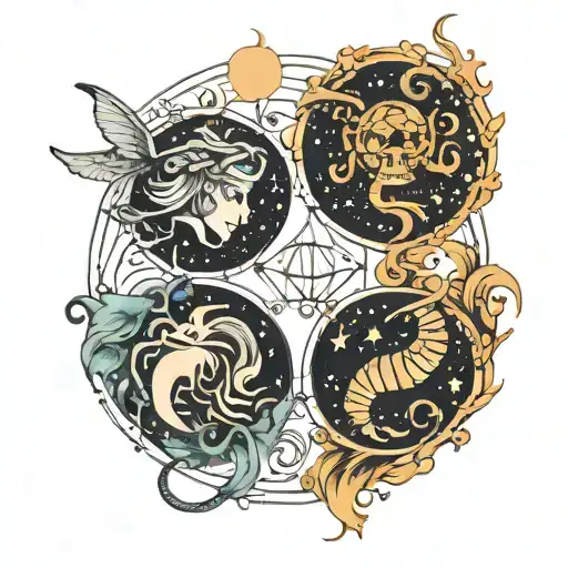 Virgo, Pisces and Scorpio constellation intertwined tattoo design idea