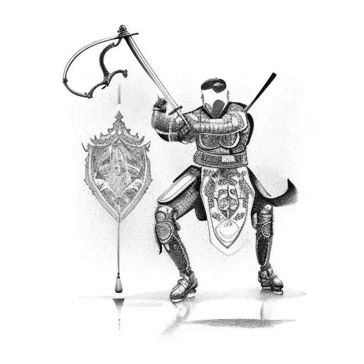 gladiateur avec une épée et un crane regardant vers le bas tattoo design idea