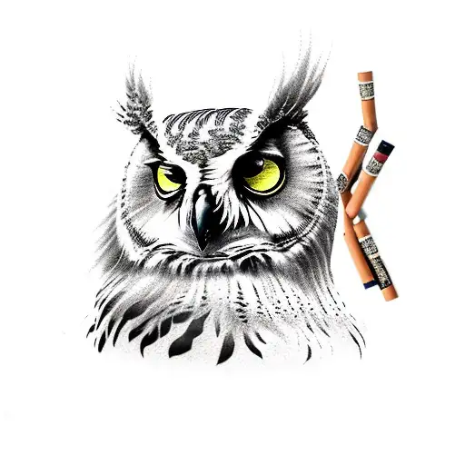 tattoo sleeve with an owl, woman head with cigarette, a clock and a rose tattoo design idea