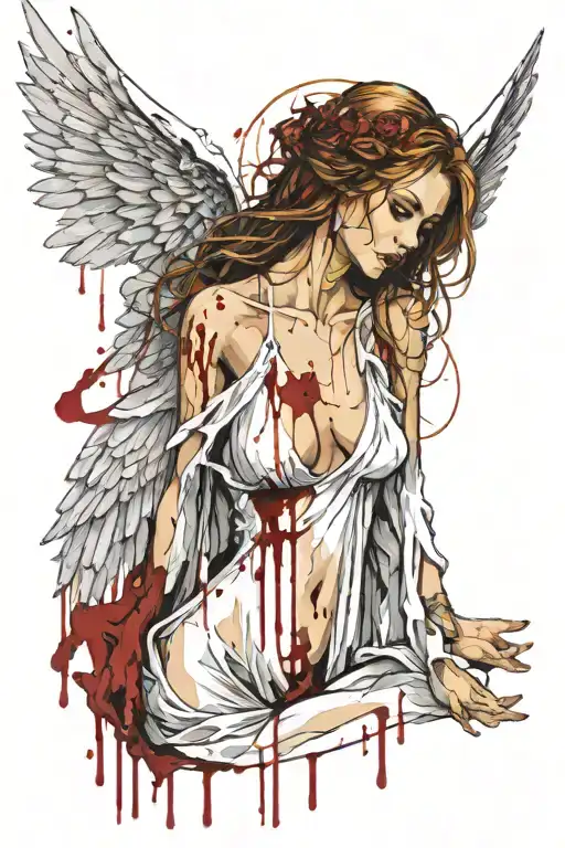 Slutty Angel Big Angelic wings golden halo torn white gown showing cleavage dripping with blood all over tattoo design idea