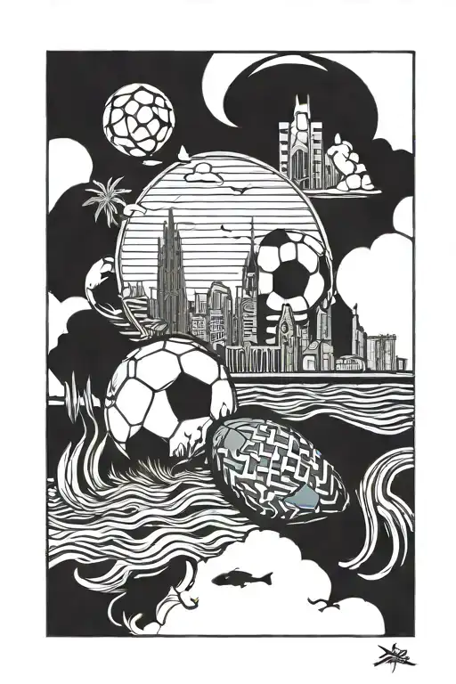 Sun, palms, sea, football, food, family, money, skyscraper, barcelona tattoo design idea
