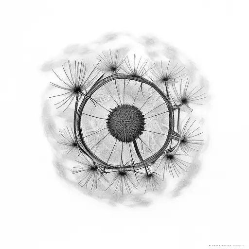 Names Madison and Lachlan surrounded by a wreath of dandelions tattoo design idea