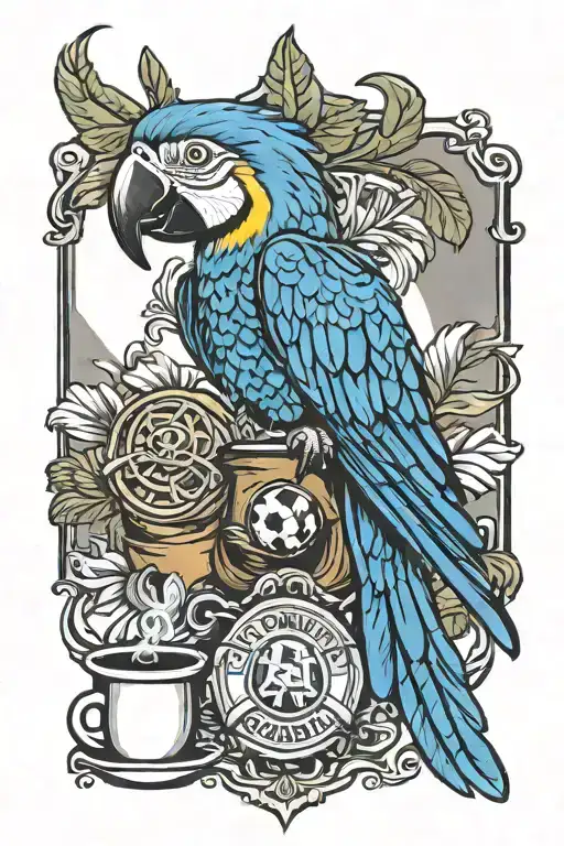 Colombia tattoo design featuring blue macaw, coffee bag, Colombia soccer team emblem, accordion, hat, and Colombian flag tattoo design idea