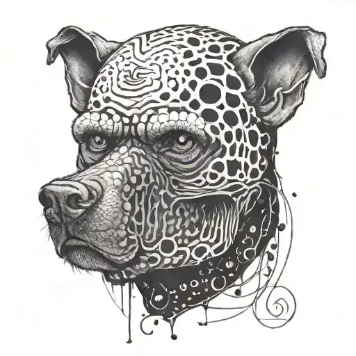 Charles Bukowski's face morphing into a punk rock skull with a Labrador dog silhouette in the background tattoo design idea