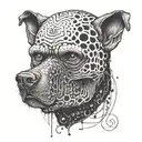 Charles Bukowski's face morphing into a punk rock skull with a Labrador dog silhouette in the background tattoo design idea