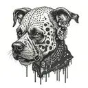 Charles Bukowski's face morphing into a punk rock skull with a Labrador dog silhouette in the background tattoo design idea