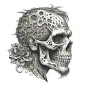 Charles Bukowski's face morphing into a punk rock skull with a Labrador dog silhouette in the background tattoo design idea