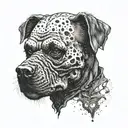 Charles Bukowski's face morphing into a punk rock skull with a Labrador dog silhouette in the background tattoo design idea