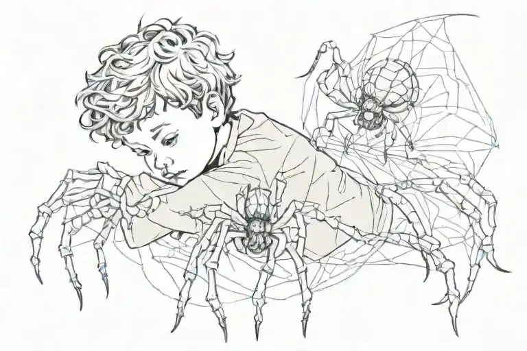 little boy with curly hugging a realistic spider with thin legs spread across the boys chest tattoo design idea