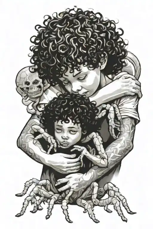 little boy with curly hair hugging a spider  tattoo design idea