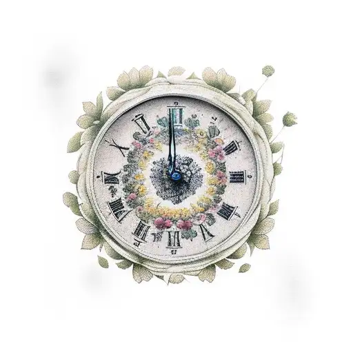 Roman numeral clock with marigold flowers around it tattoo design idea