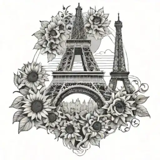 Eiffel tower surrounded by sunflowers growing amidst tattoo design idea