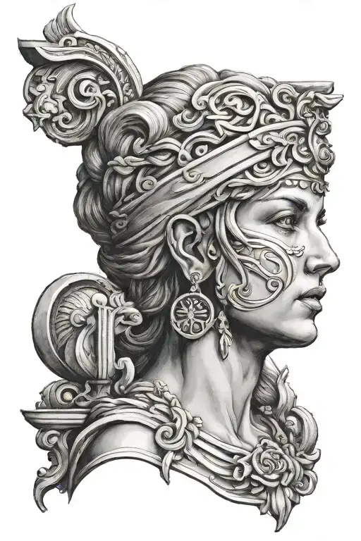 Greek goddess nemesis blindfolded eyes with a stairway to heaven in background  tattoo design idea