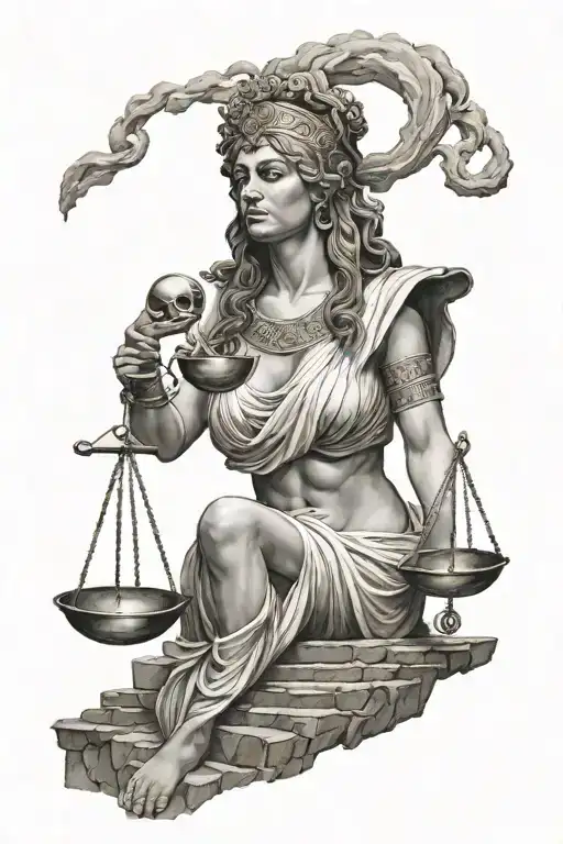 Greek goddess nemesis blindfolded eyes with a stairway to heaven in background with a scale in the hand  tattoo design idea