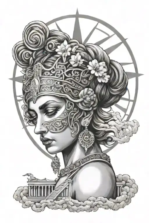Greek goddess nemesis blindfolded eyes with a stairway to heaven in background  tattoo design idea