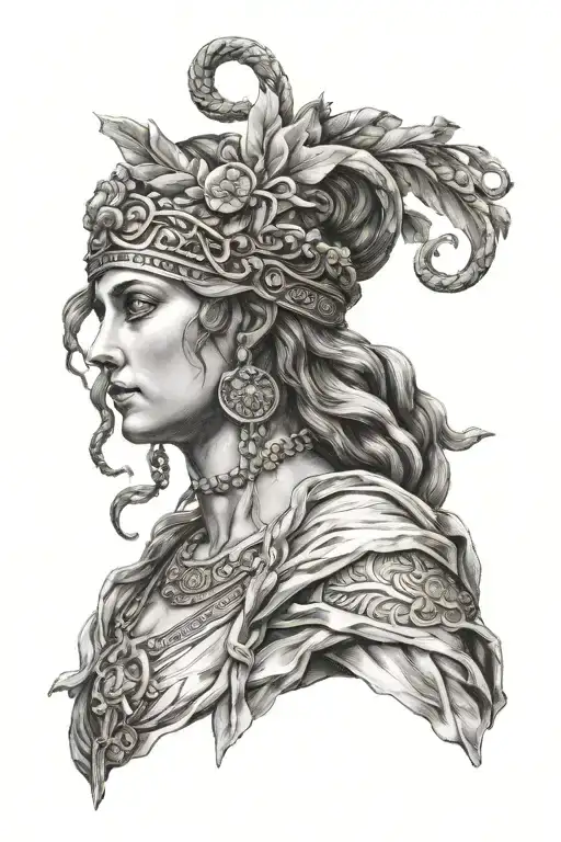 Greek goddess nemesis blindfolded with scale in the hand  tattoo design idea