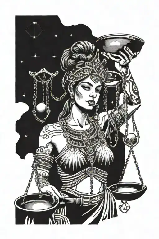 Greek goddess nemesis blindfolded eyes with a stairway to heaven in background with a scale in the hand  tattoo design idea