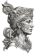 Greek goddess nemesis blindfolded eyes with a stairway to heaven in background  tattoo design idea