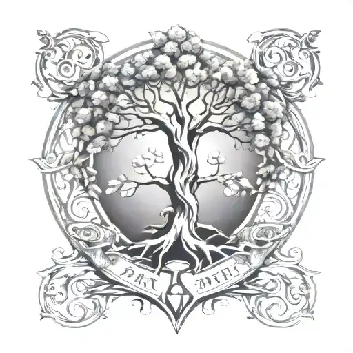 Create a tattoo with the Yggdrasil tree, a family crest in the middle and the date of birth May 9 and October 27 in the  tattoo design idea