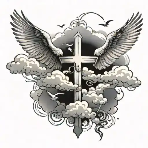 cross with clouds and birds tattoo design idea