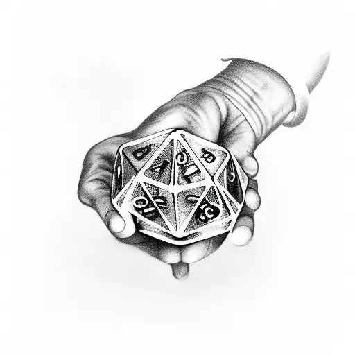 A half angelic half demonic hand holding dice with the schrodinger  tattoo design idea