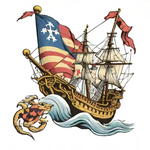 full rigged ship with Maryland flag tattoo design idea