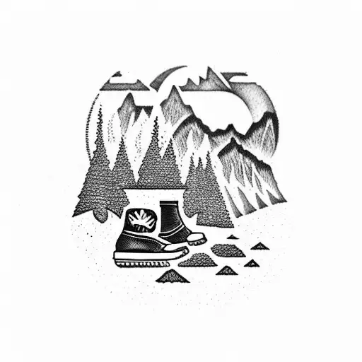 A dotwork tattoo of a coffee mug with hiking boots and a forest fire in the background, symbolizing your passions for coffee, hiking, and firefighting tattoo design idea