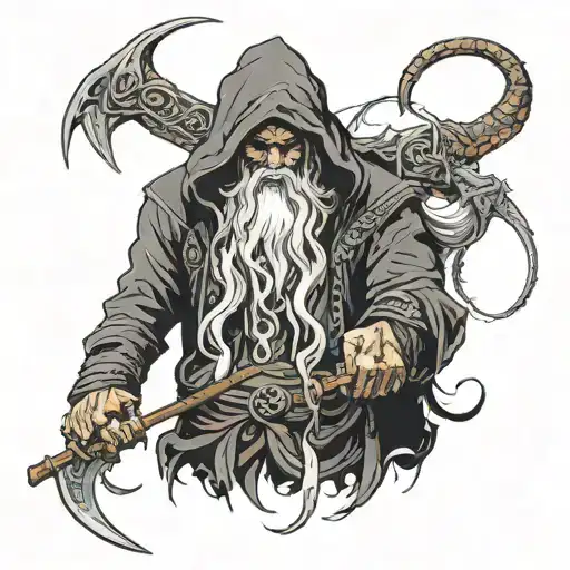 norse mythlogical dark hooded old man, giving helping hand, scythe in other hand, one glowy eye, long hair, devil horns tattoo design idea