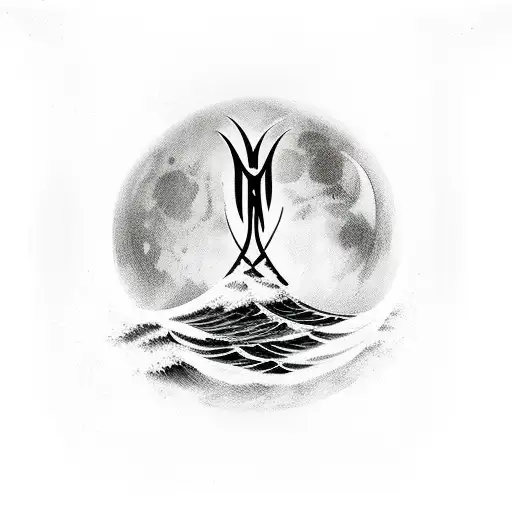 black trident rises from black waves under moon light tattoo design idea