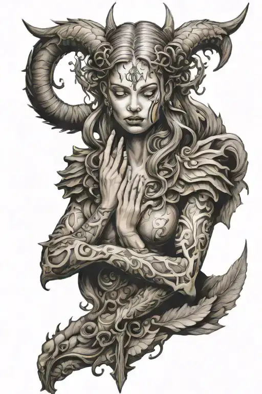 Praying half angel half demon female  tattoo design idea