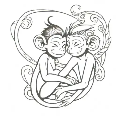 Girl Monkey and Boy Dragon wrapped arms around herself tattoo design idea
