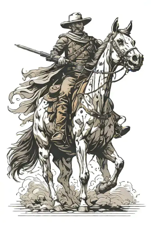 skull face cowboy riding a horse holding a suppressed m4 tattoo design idea