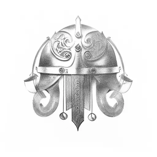 Greek warrior helmet, surrounded by musical notes and instruments tattoo design idea