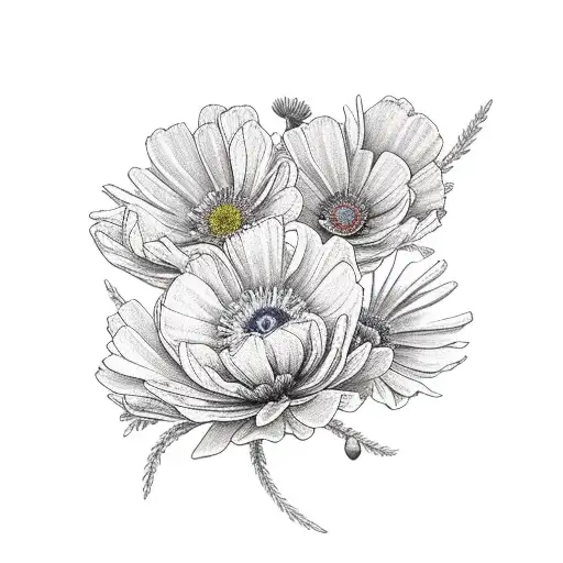 anemone, aster,poppy,cosmos, berries, holly berry,chrysanth,hydrangea,primrose floral sleeve tattoo design idea