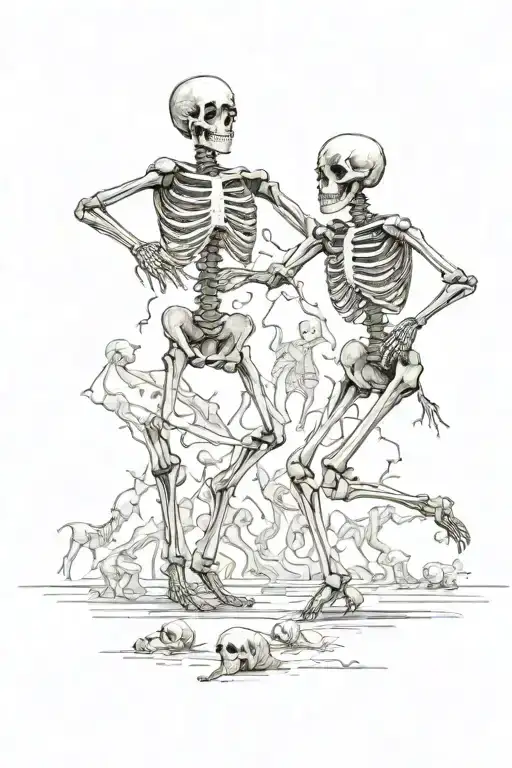 skeletons and humans dancing together tattoo design idea