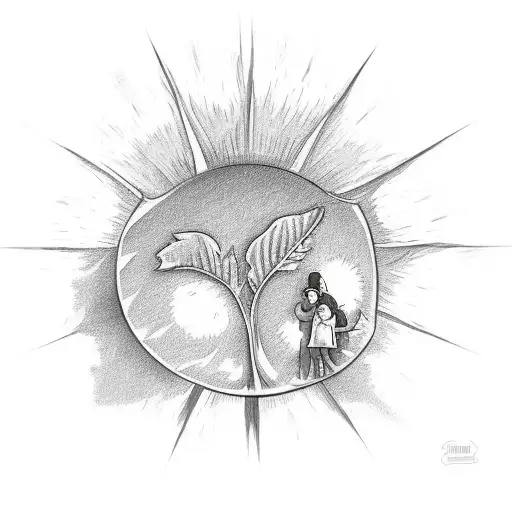 A big grape leaf, the sun and a family in it  tattoo design idea
