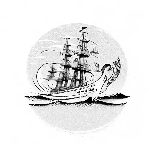 A ship sailing on a sea of musical waves, reflecting the client's occupation as a seaman and love for music tattoo design idea