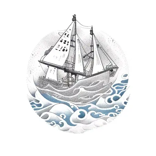 A ship sailing on a sea of musical waves, reflecting the client's occupation as a seaman and love for music tattoo design idea